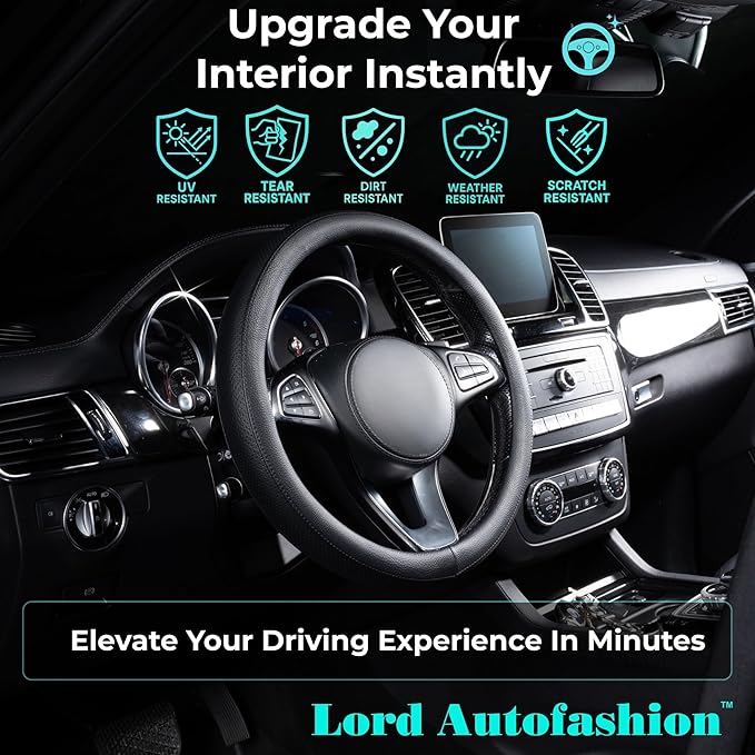 Lord Autofashion Steering Wheel Cover – PU Leather, Non-Slip Rubber Inner, All-Season Comfort – 14.5–15 Inch (Black 8397)