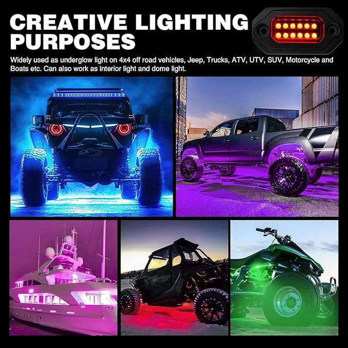RGB LED Rock Lights Kit, 4 pods Multicolor Neon Light with Bluetooth App/Remote Control Flashing Music Mode, Aluminum Metal, IP68 Waterproof, 12v for Truck ATV UTV SUV