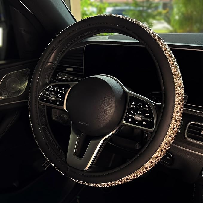 Lord AutoFashion 15 Inch Luxury Universal Steering Wheel Cover Rhinestone Crystals Anti-Slip Microfiber Leather for Women Girls Men Boys Car Accessory Bling Diamonds Gold (JX06)