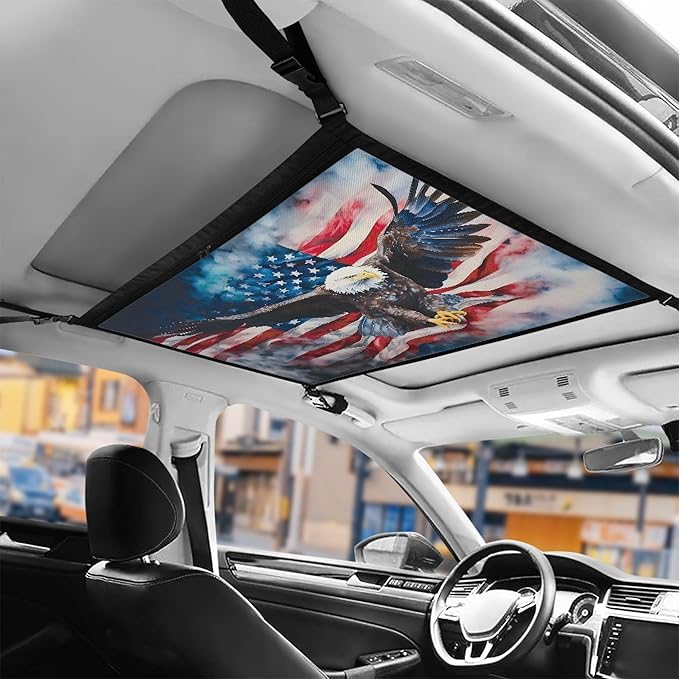 NDISTIN Eagle Car Ceiling Cargo Net Pocket with Zipper Quick Release Buckle Car Roof Cargo Net American Flag Overhead Cargo Storage for SUV Van Truck Anti-Fall Auto Accessory