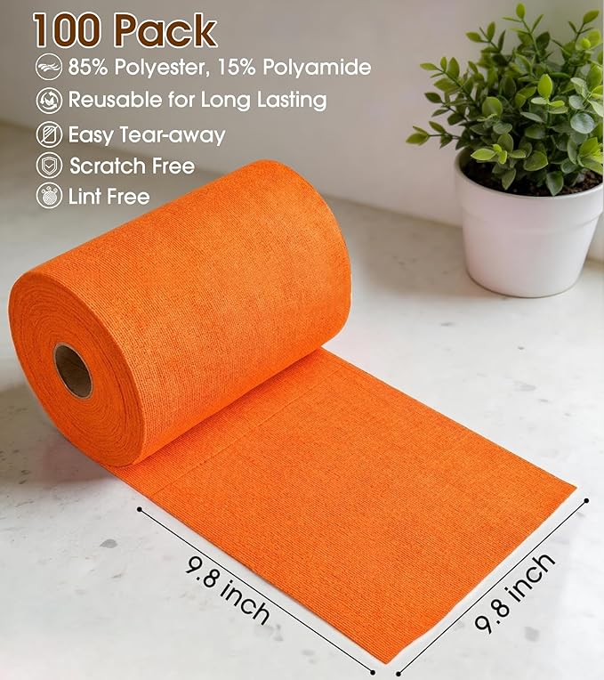 KitchLife Microfiber Cleaning Cloth Roll, 100 Pack - Tear-Away Microfiber Paper Towels, Lint-Free, Reusable, Washable for Kitchen, Car, Dishes, and Sensitive Surfaces (Coral)