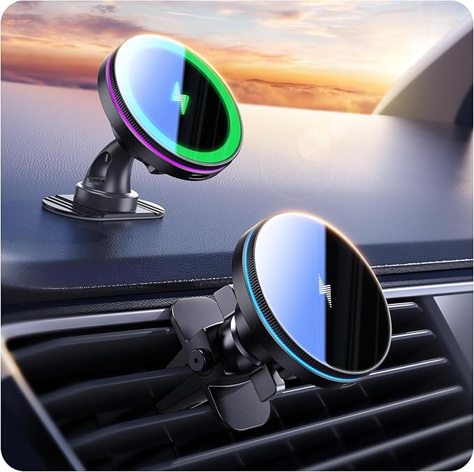 Beser for MagSafe Car Mount Charger, (4.13 lbf) Large Magnetic, 15W Qi Wireless Charger for Car, Vent/Dashboard, Phone Holder for iPhone 16/15/14/13/12 Series, 7 Color Lights, Aluminium, Deep Black