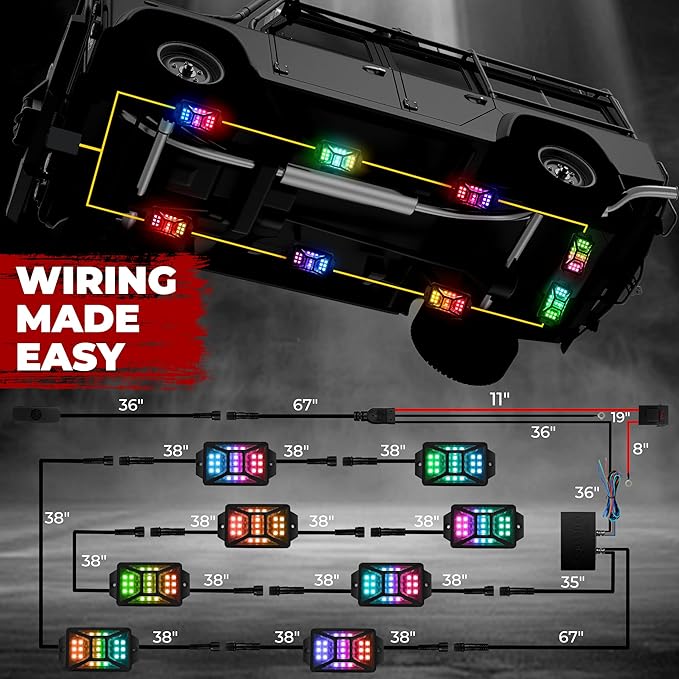 8 Pods Five Sided RGB Rock Lights for Trucks Jeep UTV SUV ATV Golf Cart, Multi Chasing Color App/Remote Control Led Rock Lights with Music Mode, Waterproof Exterior Underglow Kits for Cars(Patented)