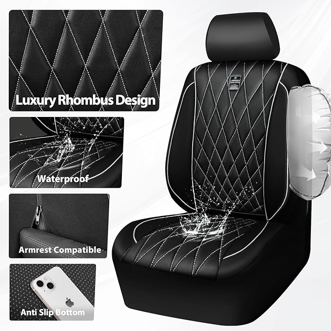 CAR PASS Piping Luxury Leather Two Front Car Seat Covers,Silver Glitter Waterproof Seat Cover Compatible with Front Seat Armrests,Universal Fit for Suvs,Vans,Trucks,Airbag Compatible(Black and Silver)