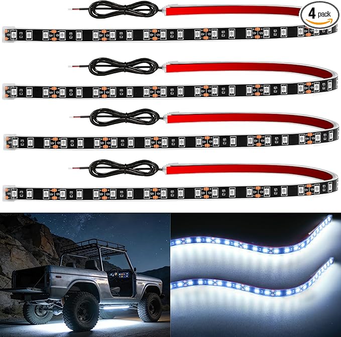 YM E-Bright 4Pcs Led Strip Lights for Car, 24inch Waterproof IP68 Car Underglow Strip Lights Decoration 36SMD 12V Led Interior Exterior Lights Strip for Cars Motorcycles Truck Golf Cart Boat - White