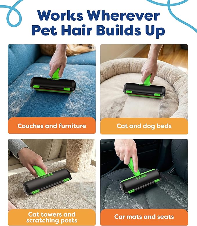 Triton Pet Hair Removal Tool w/Fur Trapping Compartment, 60% Smaller Storage Size, Reusable Shedding Roller, Cat and Dog Hair Remover for Car, Furniture, Carpet, Couch (Green)