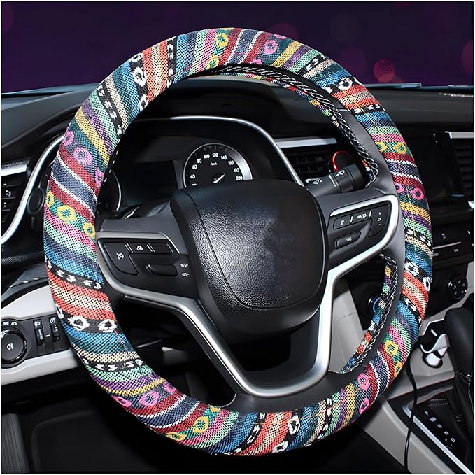 Boho Steering Wheel Cover, 15.0"×15.0" Anti-Slip Baja Blanket Ethnic Steering Wheel Protector, Breathable Flax Cloth Elastic Bohemian Steering Wheel Cover, Car Accessories (Style A)