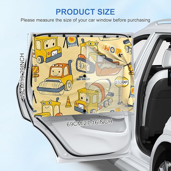 Car Window Shades with 8 Magnets-26.8"x19.7" Car Rear/Side Window Sunshade for Baby Semi-Transparent 2-in-1 Universal Auto Sun Shade for Kid & Pet Protection (2 Pack) Construction Vehicle Cartoon