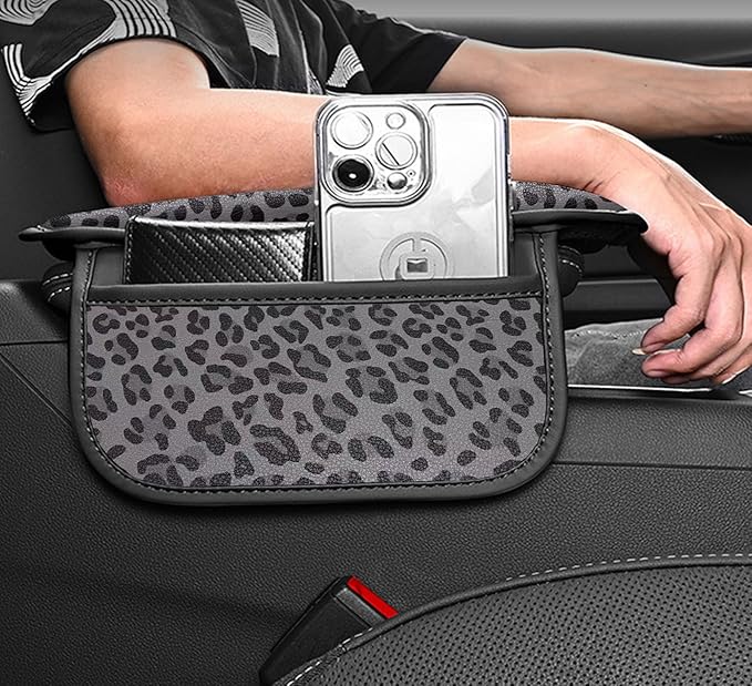 Dotesy Gray Cheetah Print Car Center Console Cover,Microfiber Leather Car Armrest Pad Cushion with 2 Storage Bags,Universal Car Armrest Storage Box Car Interior Accessories for Most Vehicles