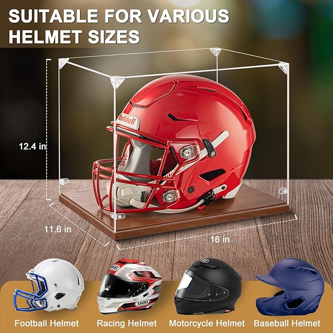 Football Helmet Display Case Full Size, Thickened UV Protection Clear Acrylic Lid Helmet Box, Football Helmet Showcase with Solid Wood Base for Sports Memorabilia