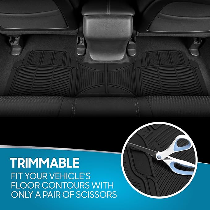 BDK 3-Piece ProLiner Heavy Duty Front & Rear Rubber Floor Mats, Universal Fit Liners for Cars SUVs Trucks Vans, All Weather Protection with Anti-Slip Nibs, Flexible Contours Fits Most Vehicles - Black