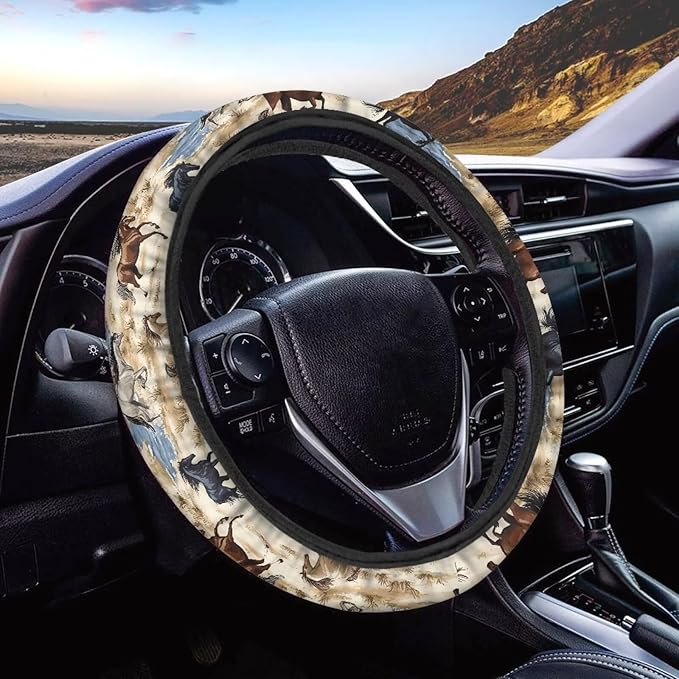 AFPANQZ Car Steering Wheel Covers White Sweat Absorption Comfort Grip, Horse Painting Universal 14-15 inch Stretch-on Fabric Keep Warm Steering Wheel Protector for Women