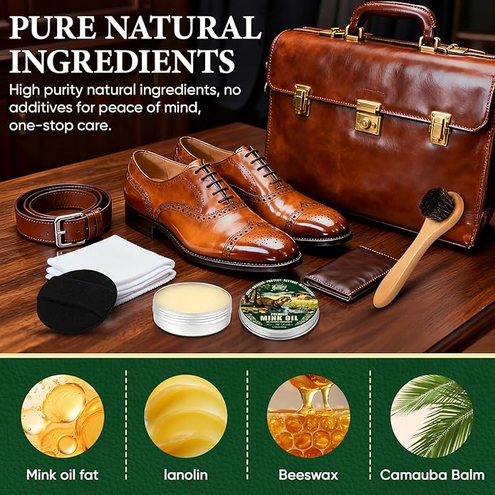 4-in-1 Mink Oil Leather Conditioner and Cleaner 3.52 oz - Premium Waterproof Formula for Leather Cowboy Boots,Shoes,Saddles & Bags with Horsehair Brush, Sponge & Microfiber Cloth