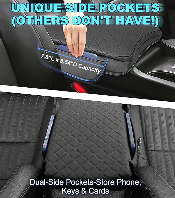 Armrest Cover for Honda Pilot/Passport/Ridgeline Center Console Pad with Organizer Storage Pockets, Black Faux Leather Arm Rest Lid Protector Cushion Interior Accessories (2023-2025)