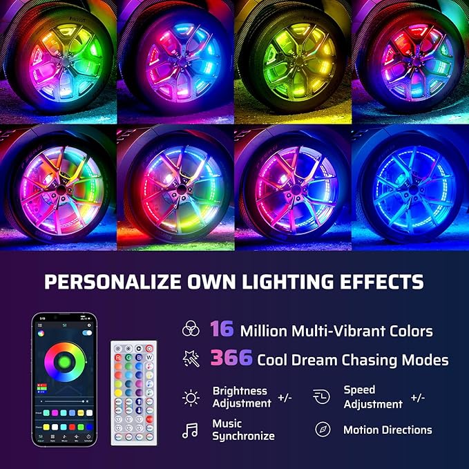 Ehaho 14''-18'' Double Row Adjustable Wheel Lights, Brighter RGB Chasing Rim Lights with App, Music Wheel Ring Light with Turn & Braking Signal Compatible with Various Trucks SUV Car（4PCS）