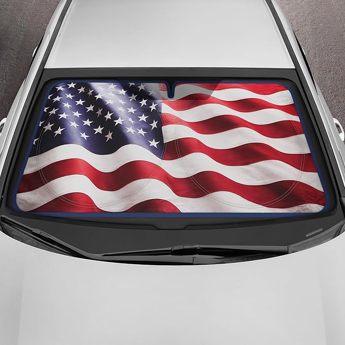 Motor Trend USA Americana Flag Car Windshield Sun Shade for Front Window, Foldable Car Sun Shade with Patriotic Graphic, Collapsible Sun Visor Sunshade for Cars Windshield (Large, 69 x 35 inches)