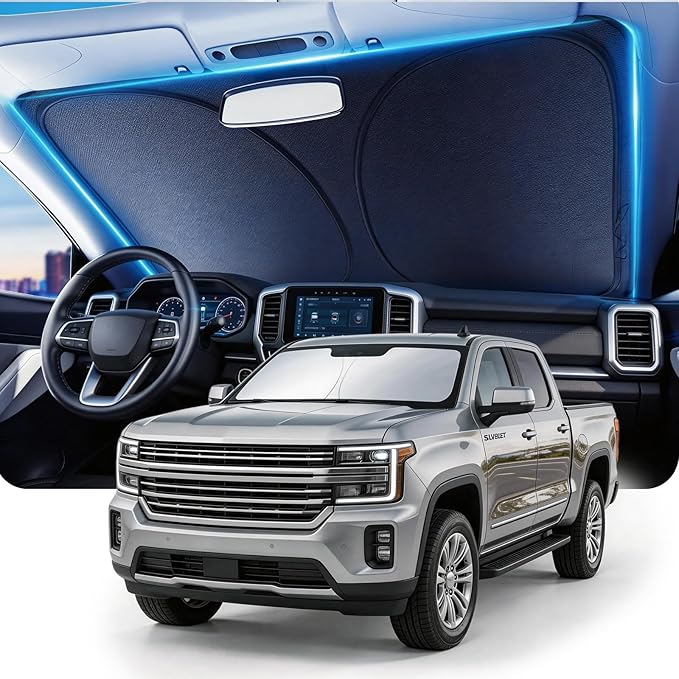 DMJN Windshield Sun Shade for Che-vrolet/Chevy Silverado (2019-2026), Car Sunshade for Front Windshield [100% Efficient Block UV & Scorching Sun] UPF50+ Heat Block - Protect Interior & Keep Cooler