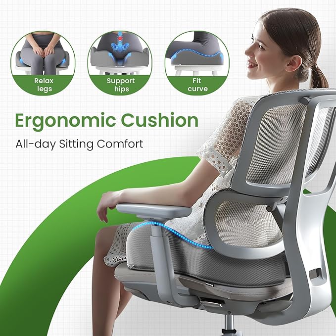 A-Pce Ergonomic Seat Cushion -Large Memory Foam Cushion for Office Chair- Sciatica & Lower Back & Coccyx Pain Relief - Car Seat Cushions for Driving Seat Cushion, Grey