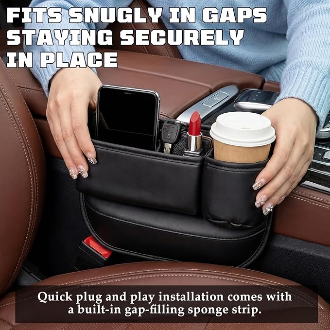 Car Leather Cup Holder Gap Bag, New Car Seat Gap Filler Organizer with Cup Holders, Console Organizer for Phone, Keys and Small Items, Universal Fit Essentials for SUV, Truck & Sedan (2pc)