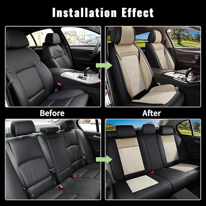 Full Set Car Seat Covers for Subaru Outback 2010-2025 2026 - Breathable Cool Ice Silk Leather Seat Covers - 5 Seats for Subaru Outback Accessories - Black&Beige