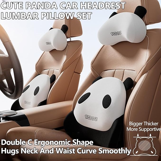 Cute Panda Car Neck Pillow & Lumbar Support Memory Foam Cushion for Driving Adjustable Headrest Waist Pillow for Most Seats (Brown, Headrest)