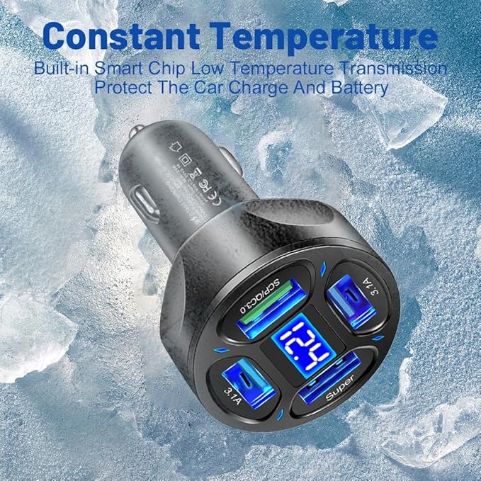 Car Charger,4 Ports Fast Car Charger with Plug Outlet/LED Voltmeter/QC3.0/Super Port,Universal Car Accessories Cigarette Lighter USB Charger Compatible with Android,Samsung Galaxy(QC3.0/Super)
