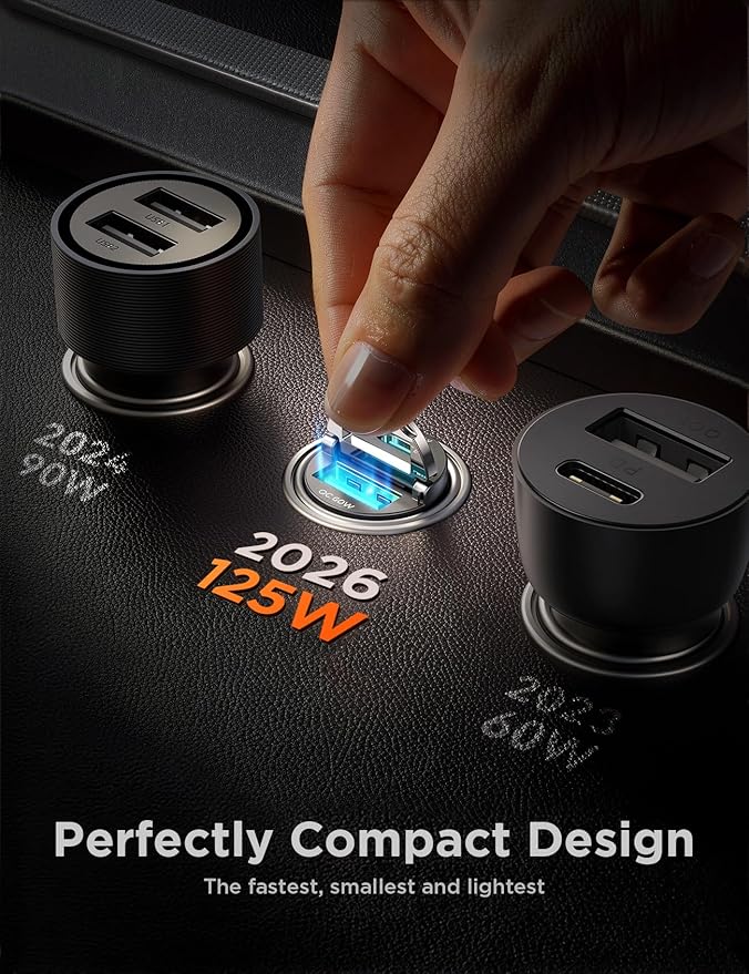 JOYROOM 2-Pack 125W USB C Car Charger [Mini, Flush Fit w/Pull Ring] Dual-Port Car Cigarette Lighter Adapter, Super Fast Car Charger for iPhone 17/16 Pro Max, Galaxy S26/25, MacBook Air, iPad and More