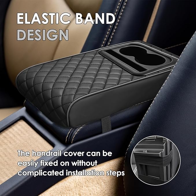 Car Center Console Cover, Leather Car Armrest Cover with Cup Holder, Phone Slot, Waterproof Arm Rest Protector Cushion Automotive Accessories (Black)
