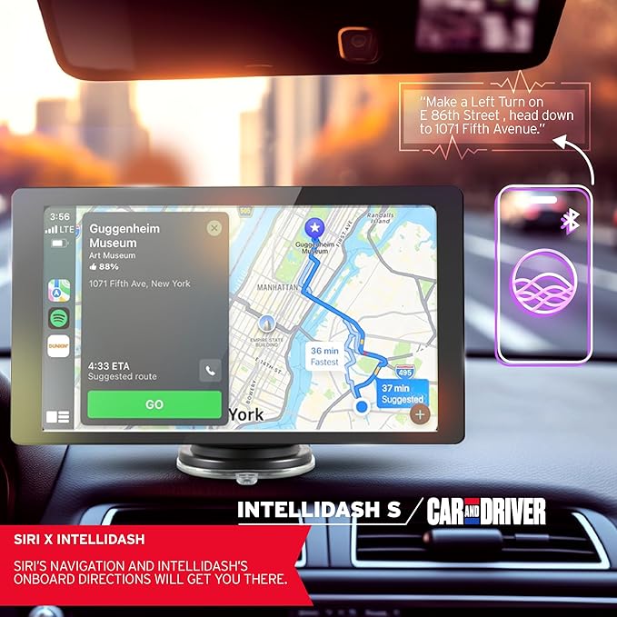 Car and Driver INTELLIDASH 7" HD Touchscreen – Portable Apple CarPlay Wireless Android Auto Screen for Car, Bluetooth Stereo, Backup Camera Support, Mirror Link, GPS Navigation, Siri, Google, SiriusXM