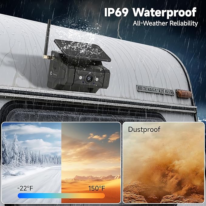 Magnetic Solar Wireless Backup Camera for Truck RV Car Trailer Pickup: HD 1080P No Wiring No Drilling IR Night Vision IP69K Waterproof Rechargeable Portable Backup Camera with 5" IPS 2-Split Monitor