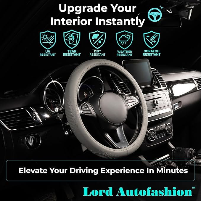 Lord Autofashion Steering Wheel Cover – PU Leather, Non-Slip Rubber Inner, All-Season Comfort – 14.5–15 Inch (Grey 9356)