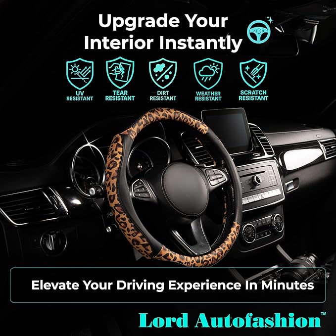 Lord Autofashion Steering Wheel Cover – PU Leather, Non-Slip Rubber Inner, All-Season Comfort – 14.5–15 Inch (Black/Leopard 8684)