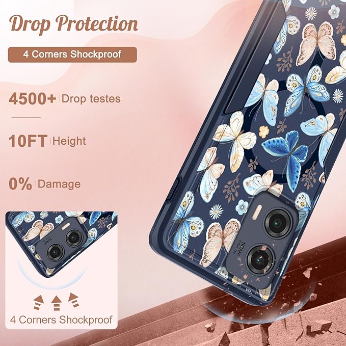 for Moto Edge 2024 Case - Compatible with MagSafe Women Girls Cute Magnetic Protective Phone Cover Kawaii Girly Blue Butterfly Heavy Duty Shockproof Design for Motorola Moto Edge 2024 Cases