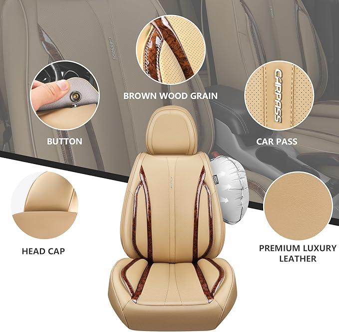 CAR PASS Beige Leather Car Seat Covers, Breathable Waterproof Nappa Automotive Seat Covers Full Set, Anti-Slip Driver Seat Cushion with Backrest Universal Fits SUV Pick-up Truck Sedan, Wood Grain