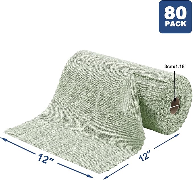 Ferdilan 80 Pack Microfiber Cleaning Cloth Roll,Lint Free Rags Paper Towels & Tear Away Reusable Towels,Washable Shop Rags,Wash Cloths Dish Rags(12" x 12") for Car Kitchen Window Garage-Green