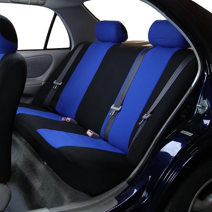 FH Group Car Seat Covers Flat Cloth Automotive Blue Full Set, Rear Solid Bench Universal Fit Combo Steering Wheel Cover & Seat Belt Pads Car Seat Protector for Cars Trucks SUV Interior Accessories