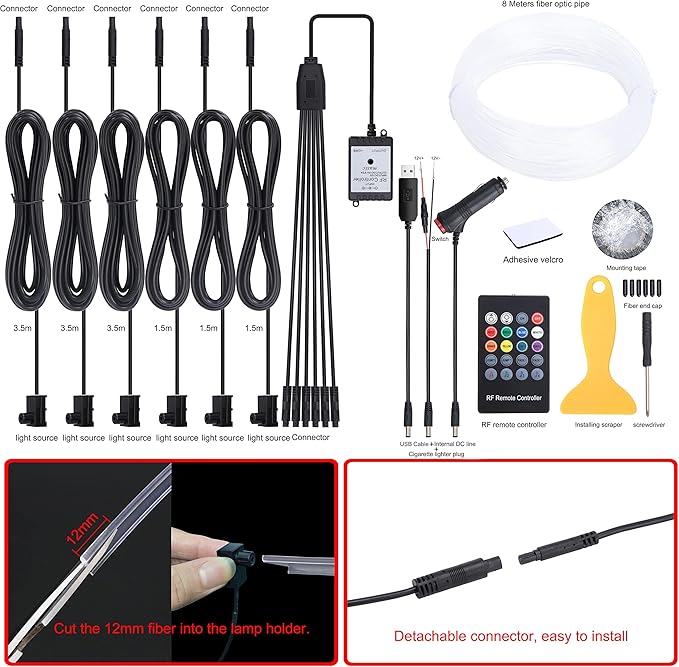 Car Atmosphere Light Kit 8m Fiber Optic RGB Multicolor Sound Active Music Sync Memory Function RF Remote Controller USB Car Interior Ambient Lighting Kit DC 12V