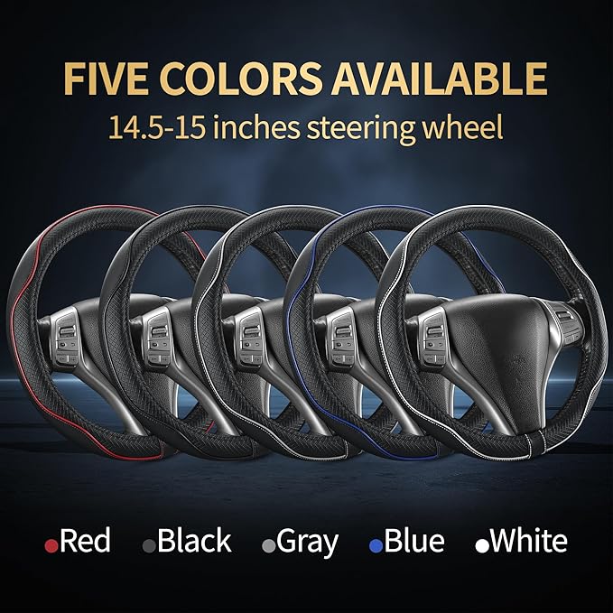 Leather Car Steering Wheel Cover,Anti-Slip, Safety,Soft,Breathable,Heavy Duty,Thick,Full Surround, Sports Style,Universal Car Accessories for Women Men Fit 14" 1/2-15"(Black with White line)