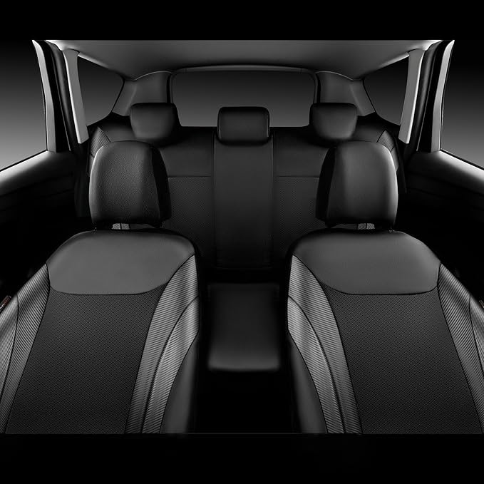CAR PASS Premium Carbon Fiber Leather Car Seat Covers Full Set,Airbag Compatible,5mm Composite Sponge Inside,Sporty Universal Fit for SUV,Van,Sedan,Truck (Full Set,Black)