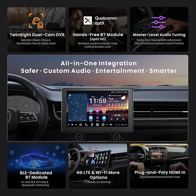 ATOTOZONE X10 10" Single Din & Double Din Car Stereo, Floating Screen,8G+128G Android in-Dash Navi, AI Vision, Cloud SIM&4G LTE, 7.1.2 Ch Hi-Fi Audio, FLAC, Wireless Carplay&Android Auto, ADS Support