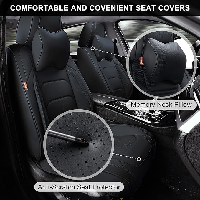 Black Car Seat Covers Front Pair, Breathable Leather Automotive Front Seat Covers & Headrest for Comfortable Driving, Universal Auto Interior Fit for Most Kinds of Vehicles, SUV, Sedans