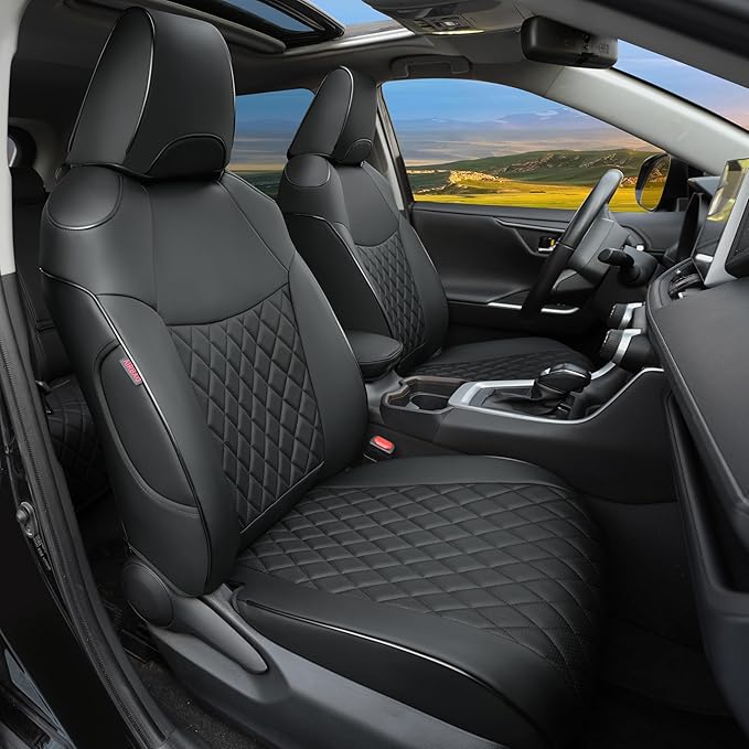 Lolcar Rav4 Seat Covers Custom Fit for Toyota Rav4 (for Hybrid) 2019-2025 LE,XLE,XLE Premium,Limited,Woodland Edition, Leather Truck Seat Cover Full Set for SUV,Faux Leather(Grid Black)