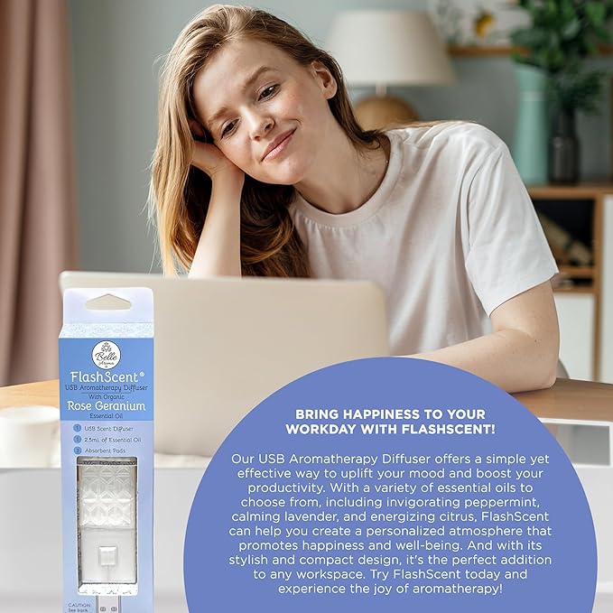 Belle Aroma® FlashScent™ USB Aromatherapy Bundle - for Car, Office, Home, and Travel - Includes 1 Pearl White Rose Geranium Oil Diffuser Kit, 1 Lavender FlashScent Essential Oil, and 7 Refill Pads