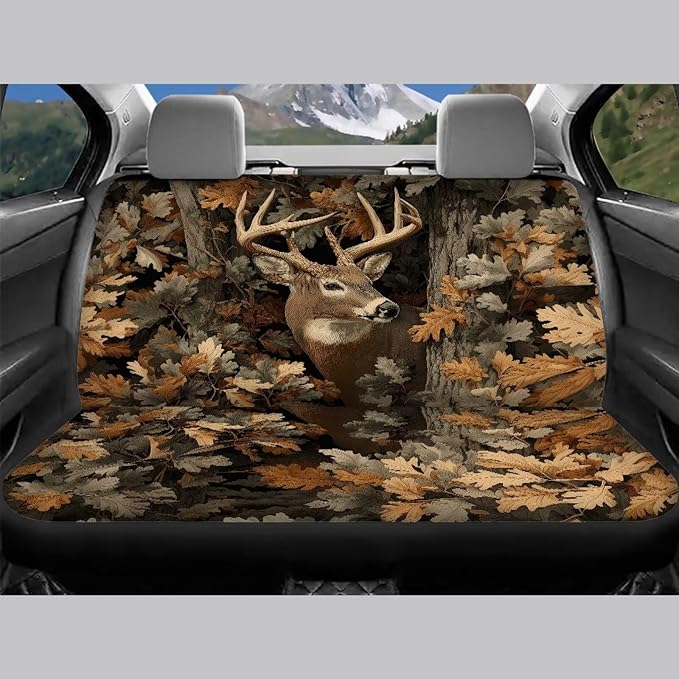KEIAHUAN Car Seat Covers for Front and Rear Seat Full Set of 4 Pcs Camo Deer Hunting Design Front Saddle Blanket Rear Split Bench Protection Cover Automotive Interior Accessories