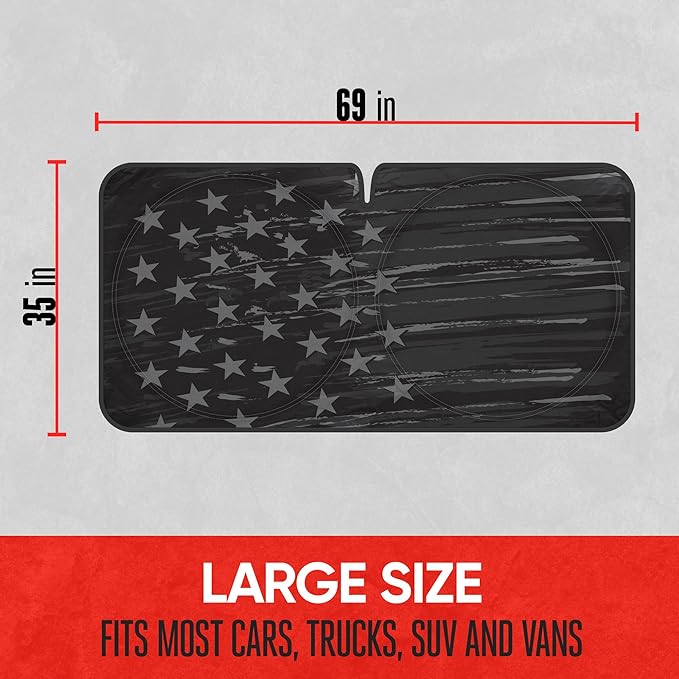 Motor Trend USA Vintage Flag Car Windshield Sun Shade for Front Window, Foldable Car Sun Shade with Patriotic Graphic, Collapsible Sun Visor Sunshade for Cars Windshield (Large, 69 x 35 inches)
