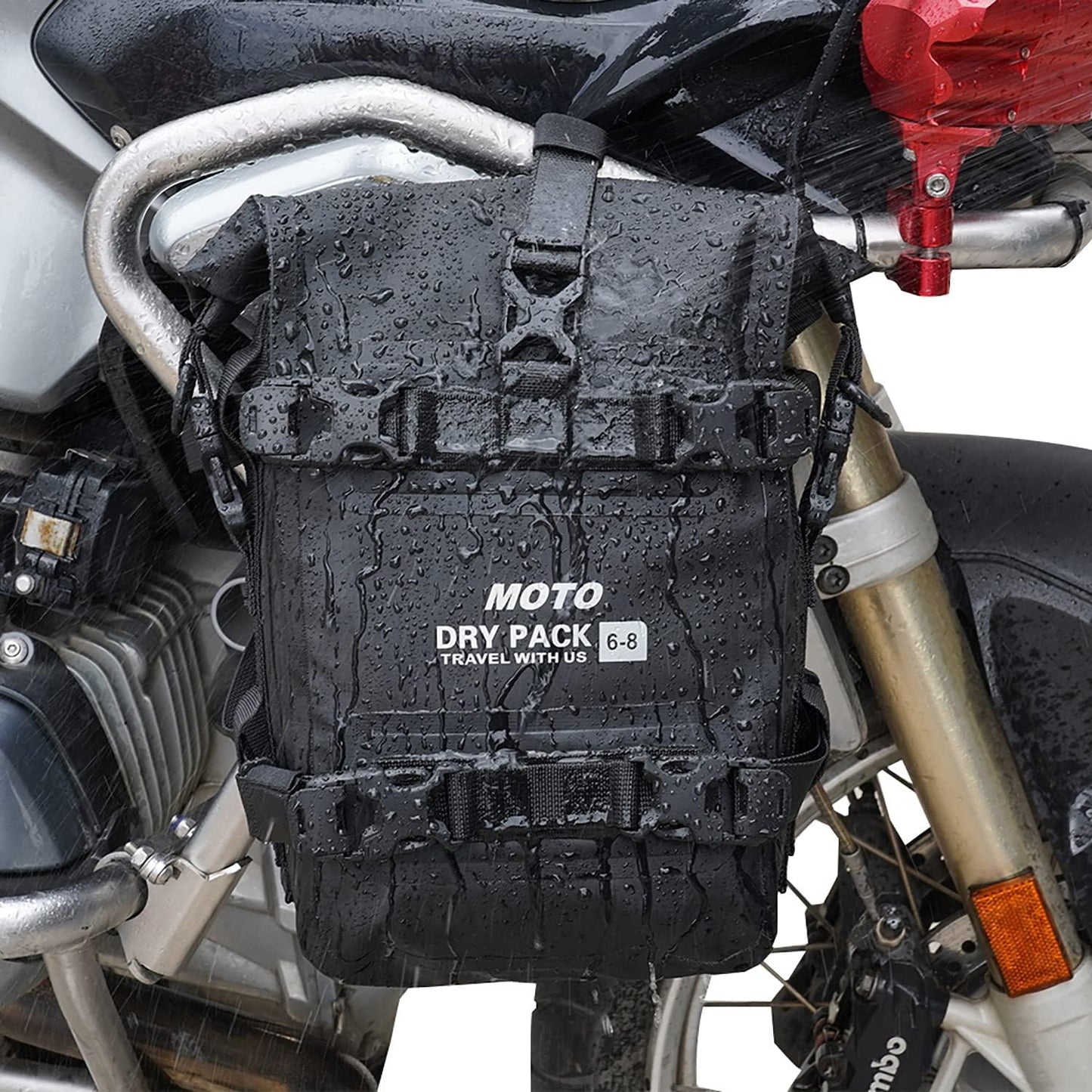 Motorcycle Tail Bag Front Bumper Bag, 8L Roll-top Waterproof Motor Saddle Panniers Luggage Bags for Motorcy-Black