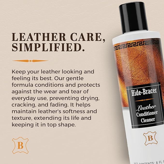 Hide Bracer Leather Cleaner and Conditioner 8 Fl oz | Cleans, Conditions, Protects | Prevents Drying, Cracking & UV Fading of Finished Leather, Furniture, Car Seats, Saddles & Purses