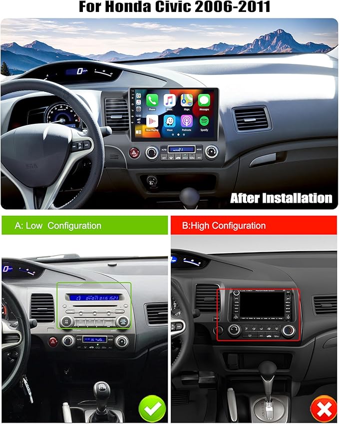6+128G 8 Core Android 15 Car Radio Stereo for Honda Civic 2006 2007 2008 2009 2010 2011 with Wireless CarPlay Android Auto, 10.1'' Touchscreen with WiFi GPS Mirror Link Bluetooth FM RDS DSP EQ SWC