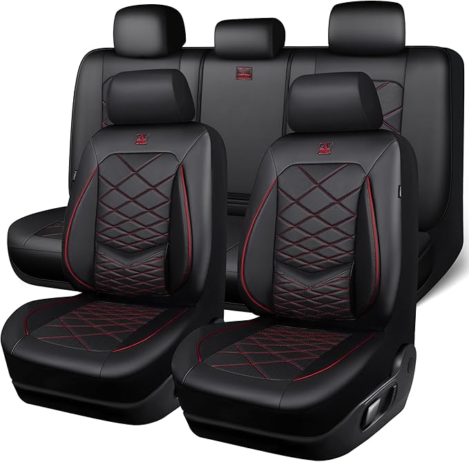 CAR PASS Luxury Nappa Leather Seat Covers Full Set, Water Resistant Faux Leather Seat Cover with Lumbar Support, Breathable Automotive Seat Covers Universal Fit for Sedan SUV Van Truck, Black Red