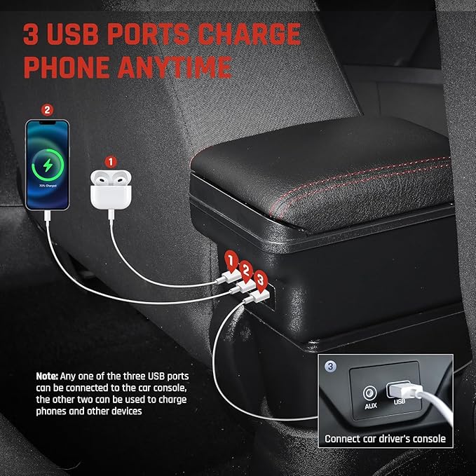 YJYWZH Armrest Box for Hyundai Accent Verna Accessories 2017-2020 Armrest for Car Center Console Organizer Double Layer Storage Space with 3 USB Ports, Red Thread